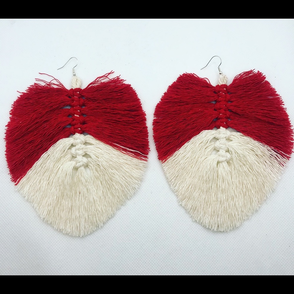 Crimson and cream fringe earrings